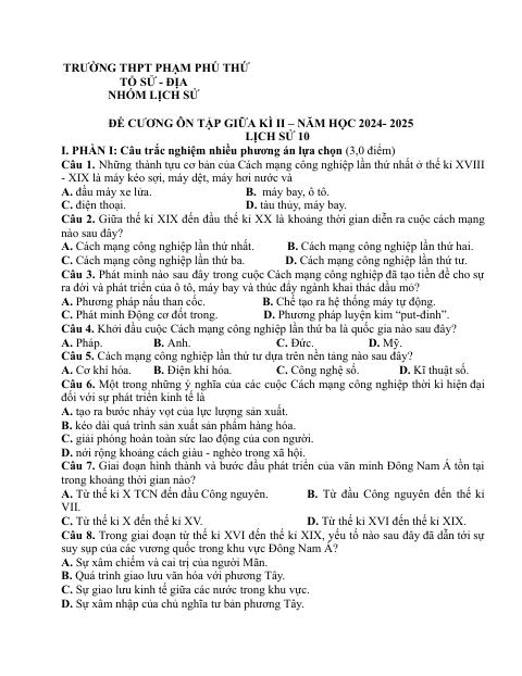 Đề cương ôn tập Giữa kì 2 Lịch sử 10 năm 2024–2025 trường THPT Phạm Phú Thứ (Đà Nẵng)
